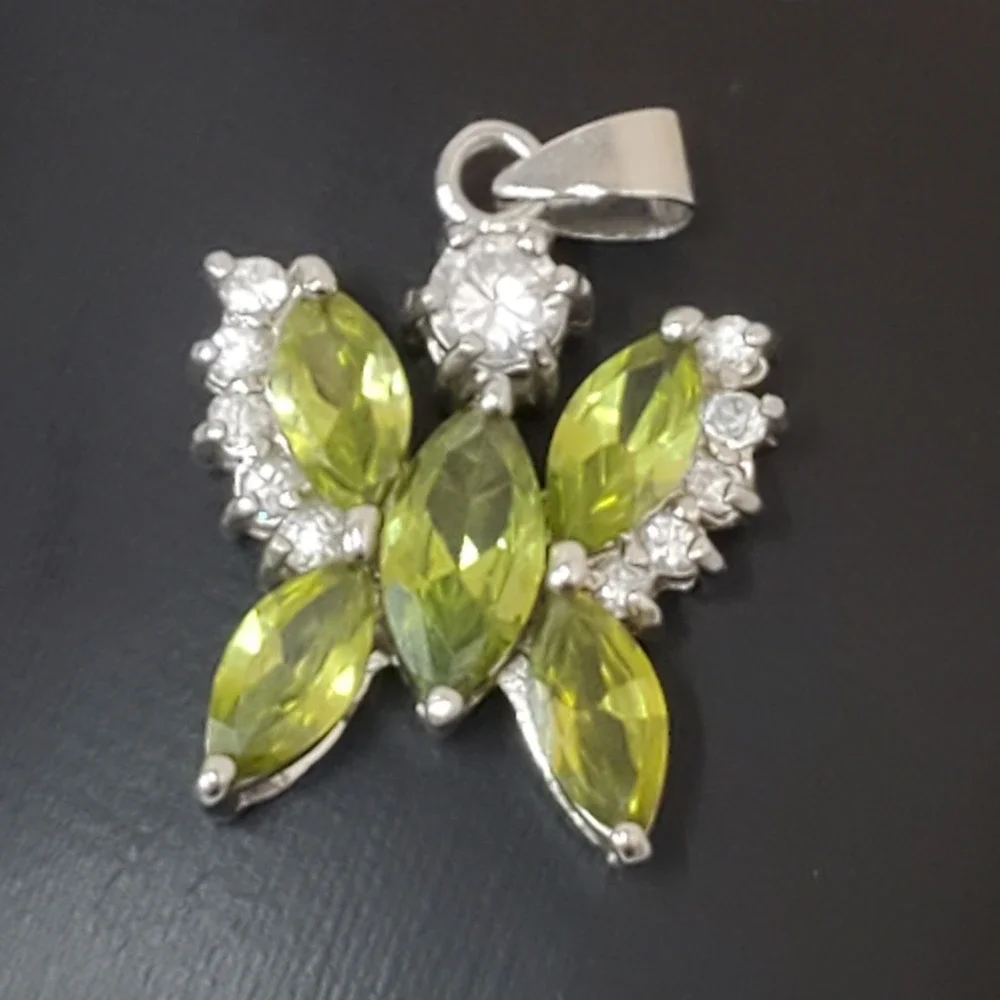 18k White Gold Plated Butterfly Necklace Pendant W/ Clear & Green Stones